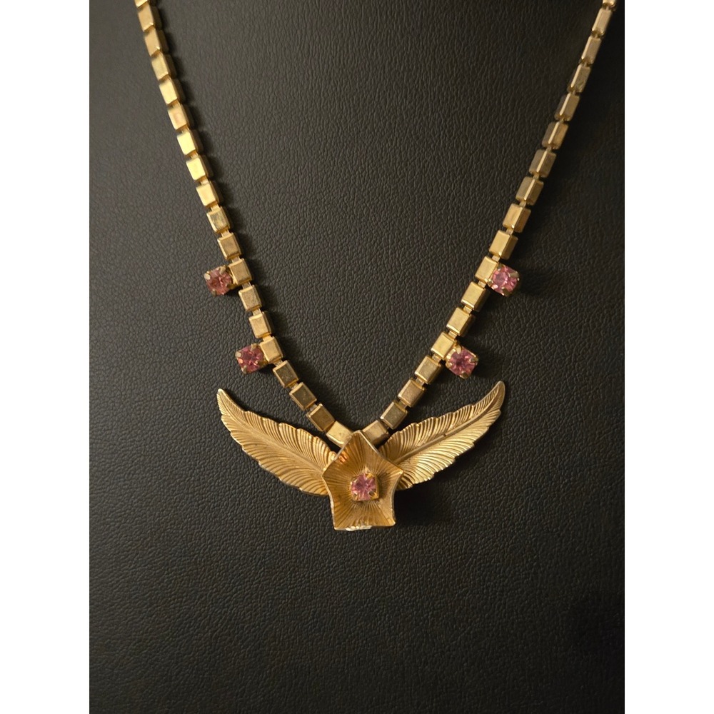 GoldTone Wing Feather Necklace Pink Rhinestones MidCentury Hollywood Regency 50s